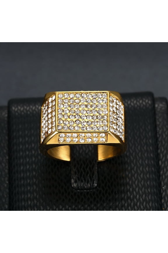 Hip Hop Rhinestones Paved Bling Iced Out 14K Yellow Gold Geometric Sqaure Rings for Men Rapper Jewelry