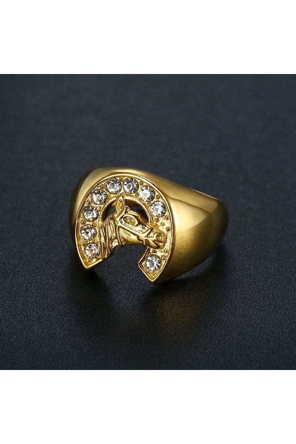Hip Hop Rhinestones Paved Bling Iced Out 14K Yellow Gold Horse Head Rings for Men Jewelry