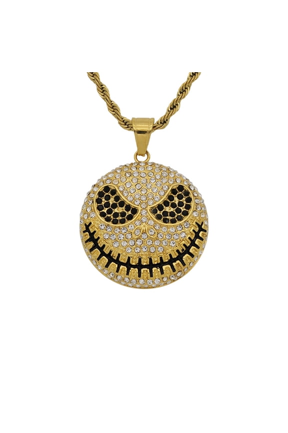 Hip Hop Rhinestones Paved Bling Iced Out 14K Yellow Gold Jack Skellington Pendants Necklaces for Men Rapper Jewelry