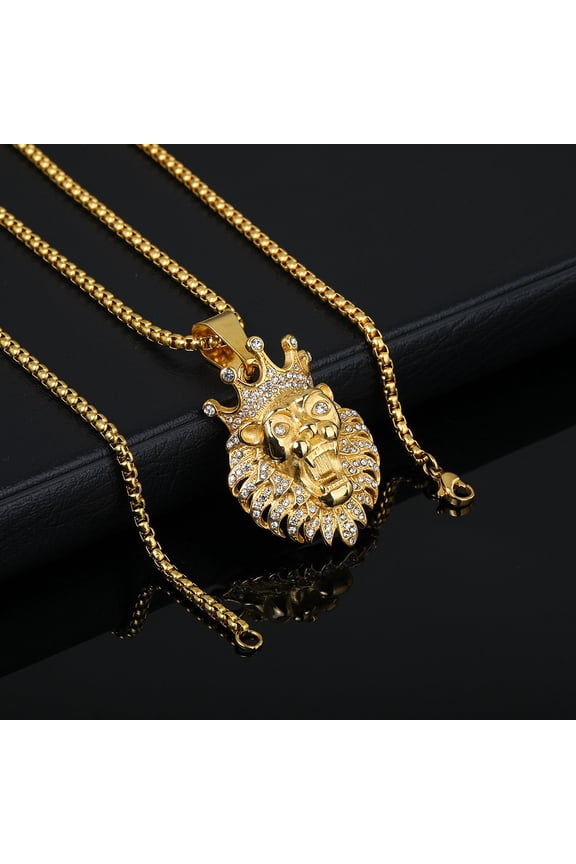 Hip Hop Rhinestones Paved Bling Iced Out 14K Yellow Gold Male Lion Pendants Necklace for Men Rapper jewelry