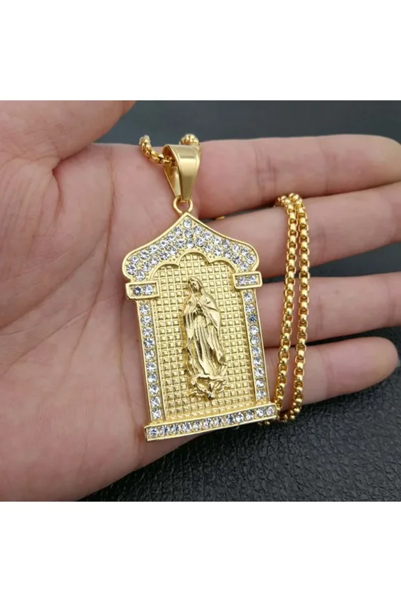 Hip Hop Rhinestones Paved Bling Iced Out 14K Yellow Gold Virgin Mary Pendants Necklaces for Men Rapper Jewelry