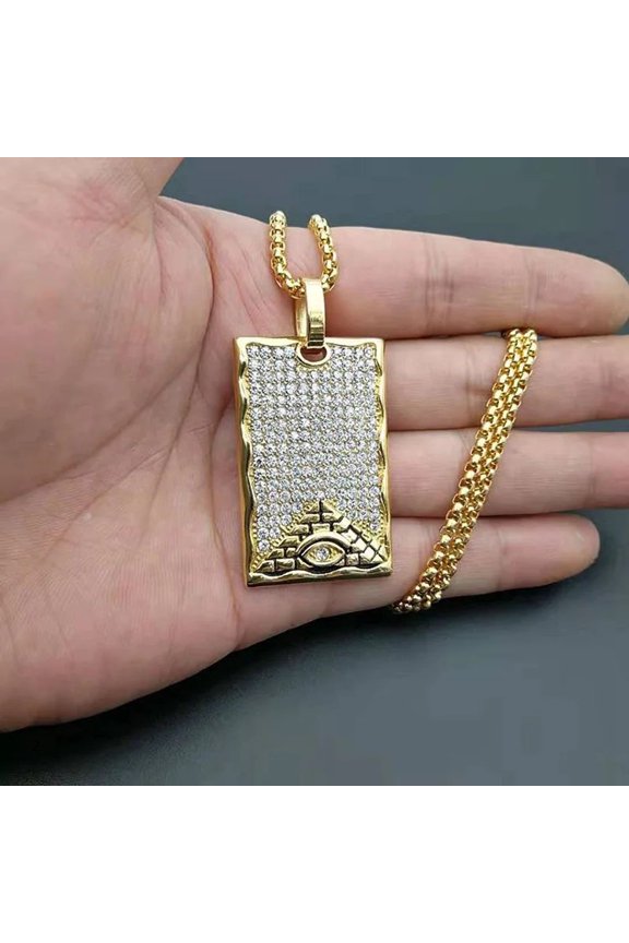 Hip Hop Rhinestones Paved Bling Iced Out Solid 14K Gold Illuminati Eye Pyramid Pendant Necklace for Men Rapper Jewelry