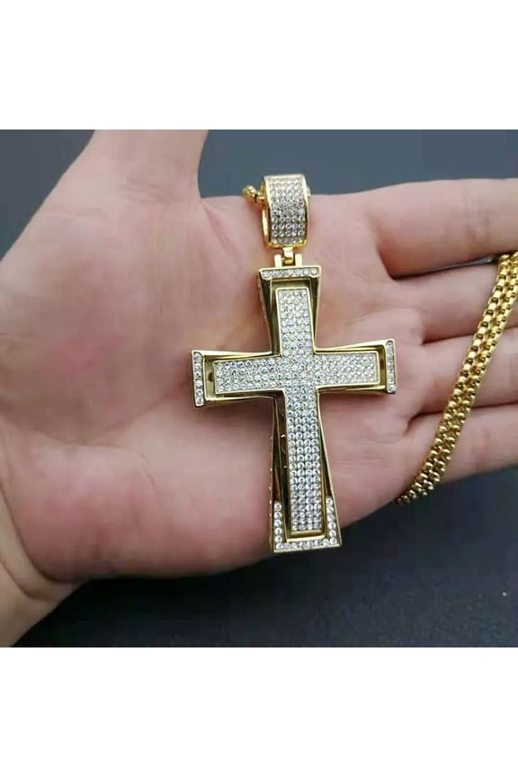 Hip Hop Rock Bling Iced Out 14K White Gold Big Cross Pendants Necklace for Men Rapper Jewelry Gift