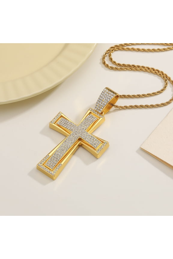 Hip Hop Rock Bling Iced Out 14K Yellow Gold Big Cross Pendants Necklace for Men Rapper Jewelry