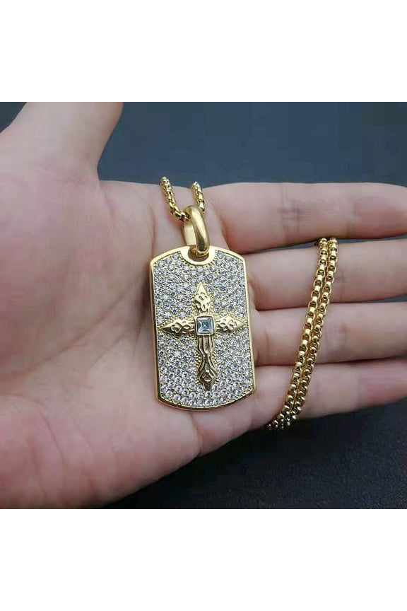 Hip Hop Rock Bling Iced Out Cross Pendant Necklace 14K Gold Square Dog Tag for Men Rapper Jewelry