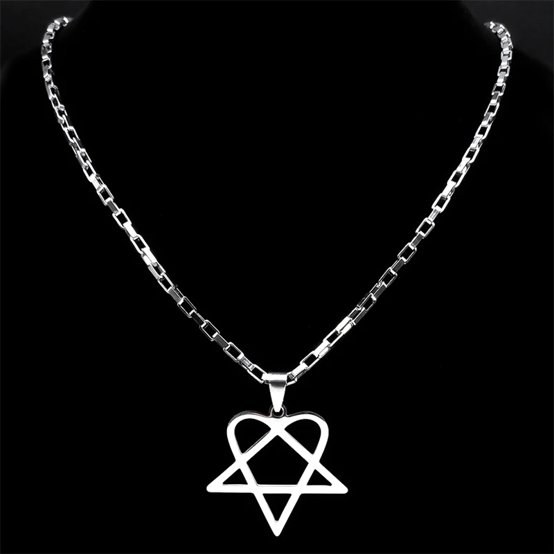 Hip Hop Rock Music Him Heartagram Star Heart Necklace for Women Men 14K White Gold Y2k Black Band Goth Punk Chain Jewelry