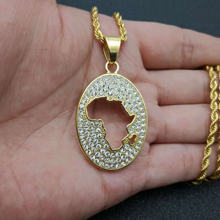 Hip Hop Rock Rapper Map of Africa 14K Yellow Gold Pendant Necklace for Personality Men Fashion Street Trend Jewelry Accessories Gift