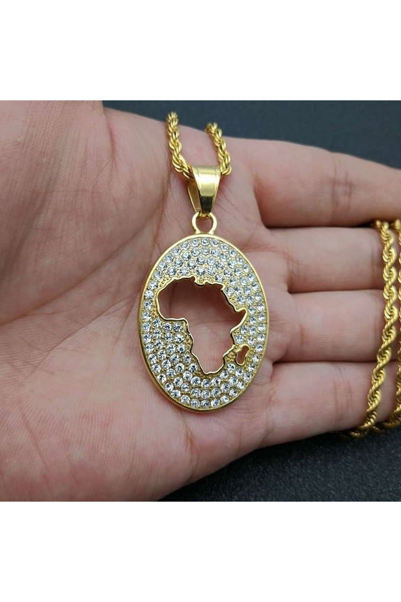 Hip Hop Rock Rapper Map of Africa 14K Yellow Gold Pendant Necklace for Personality Men Fashion Street Trend Jewelry Accessories Gift