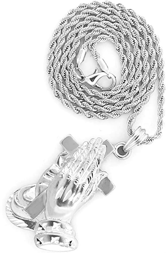 Hip-Hop Rope Brush Matte Finish Silver Tone Praying Hand with Cross Pendant Necklace Free 24" chain,