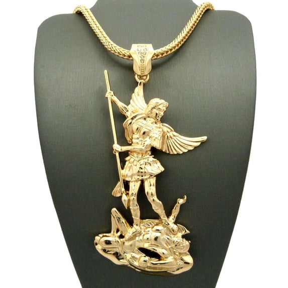 Hip Hop Saint Michael Archangel Pendant & 4mm 36" Franco Chain Gold Plated