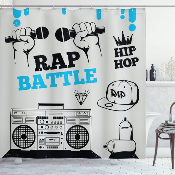 Hip Hop Shower Curtain, Hip Hop Elements Freestyle Rap Duel with Microphones Theme, Fabric Bathroom Set with Hooks, 69W X 84L Inches Extra Long, Azure Blue Black and Pale Grey, by Ambesonne
