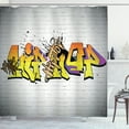 thumbnail image 1 of Hip Hop Shower Curtain, Funky Underground Various Hip Hop Lettering on a Wall in Ghetto Town Theme Image, Fabric Bathroom Set with Hooks, 69W X 84L Inches Extra Long, Multicolor, by Ambesonne, 1 of 3