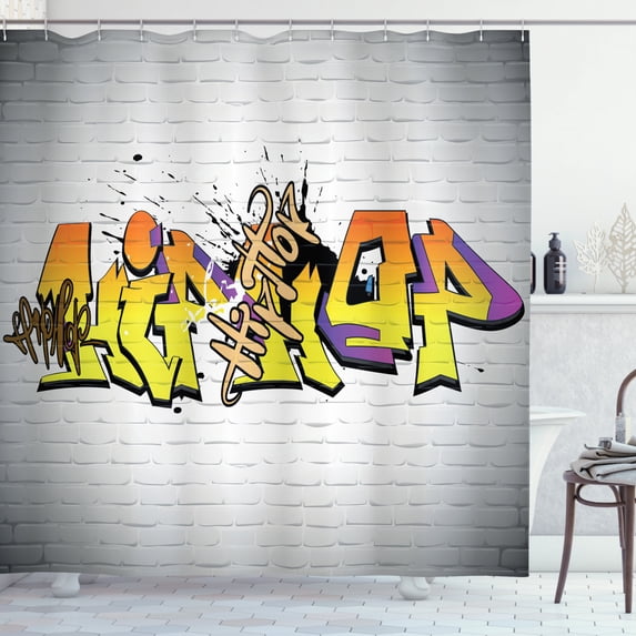 Hip Hop Shower Curtain, Funky Underground Various Hip Hop Lettering on a Wall in Ghetto Town Theme Image, Fabric Bathroom Set with Hooks, 69W X 84L Inches Extra Long, Multicolor, by Ambesonne