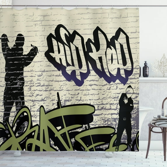 Hip Hop Shower Curtain, Underground Hip Hop Grafitti Art on Building Walls Theme Grungy Background Print, Fabric Bathroom Set with Hooks, 69W X 70L Inches, Multicolor, by Ambesonne