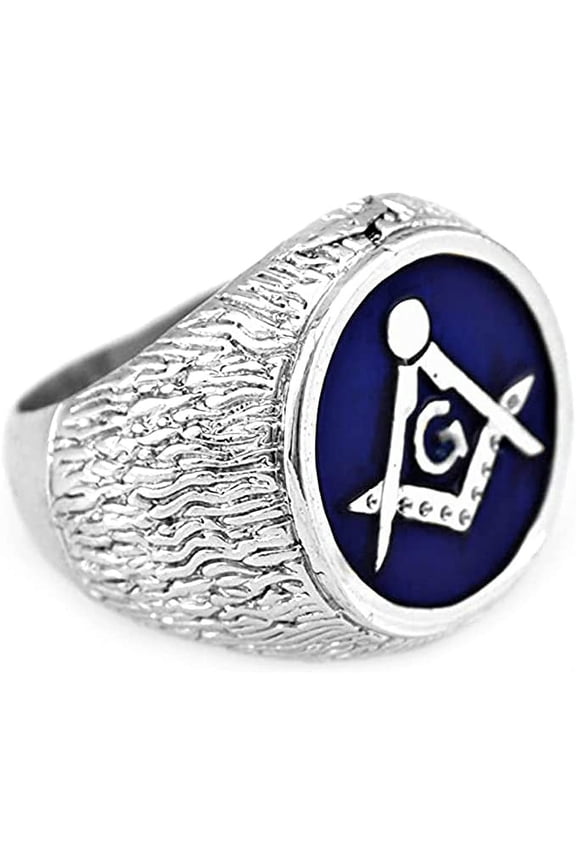 Hip-Hop Silver Tone Mason Masonic Blue Enamel Men's Ring Size 10#2