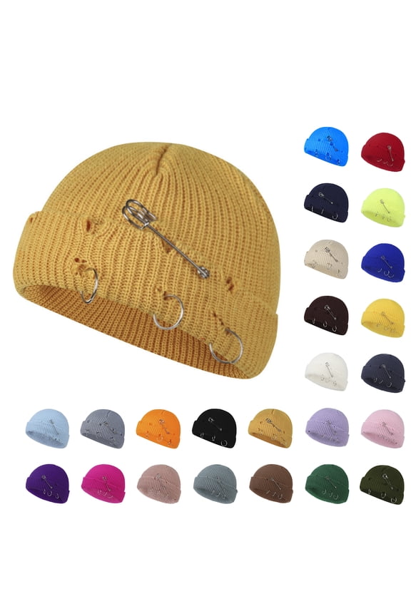 Hip Hop Skull Cap Punk Knitted Beanie Hat for Women and Men, Rock Ripped Hats Slouchy Beanie Cap Unisex Pink