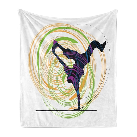 Hip Hop Soft Flannel Fleece Blanket, Breakdancer on Single Hand Stand Silhouette with Spiral Form Ornaments Themed Print, Cozy Plush for Indoor and Outdoor Use, 50" x 60", Multicolor, by Ambesonne