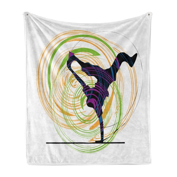 Hip Hop Soft Flannel Fleece Blanket, Breakdancer on Single Hand Stand Silhouette with Spiral Form Ornaments Themed Print, Cozy Plush for Indoor and Outdoor Use, 70" x 90", Multicolor, by Ambesonne