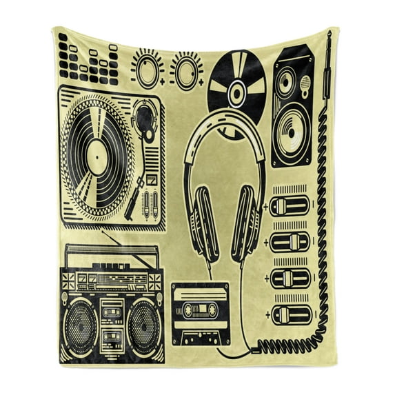 Hip Hop Soft Flannel Fleece Blanket, Electronic Music Devices as Turntable Headphones Speaker for Recording, Cozy Plush for Indoor and Outdoor Use, 70" x 90", Pale Yellow and Black, by Ambesonne