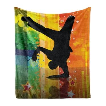 Hip Hop Soft Flannel Fleece Blanket, Illustration of a Breakdancer Silhouette on Colorful Discotheque Themed Background, Cozy Plush for Indoor and Outdoor Use, 50" x 60", Multicolor, by Ambesonne