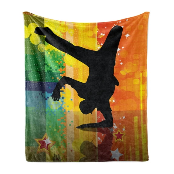 Hip Hop Soft Flannel Fleece Blanket, Illustration of a Breakdancer Silhouette on Colorful Discotheque Themed Background, Cozy Plush for Indoor and Outdoor Use, 70" x 90", Multicolor, by Ambesonne