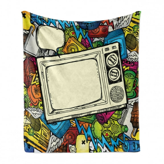 Hip Hop Soft Flannel Fleece Throw Blanket, 90s Theme Retro Style Linear Drawn a Vintage Television and Speech Bubble, Cozy Plush for Indoor and Outdoor Use, 70" x 90", Multicolor, by Ambesonne
