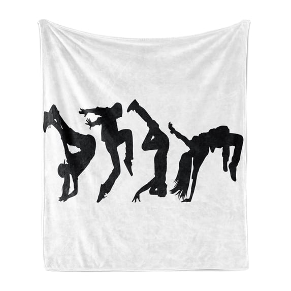 Hip Hop Soft Flannel Fleece Throw Blanket, Breakdancer Women Silhouettes Doing Hand Glide up and Floor Rocking Moves, Cozy Plush for Indoor and Outdoor Use, 50" x 70", Black and White, by Ambesonne