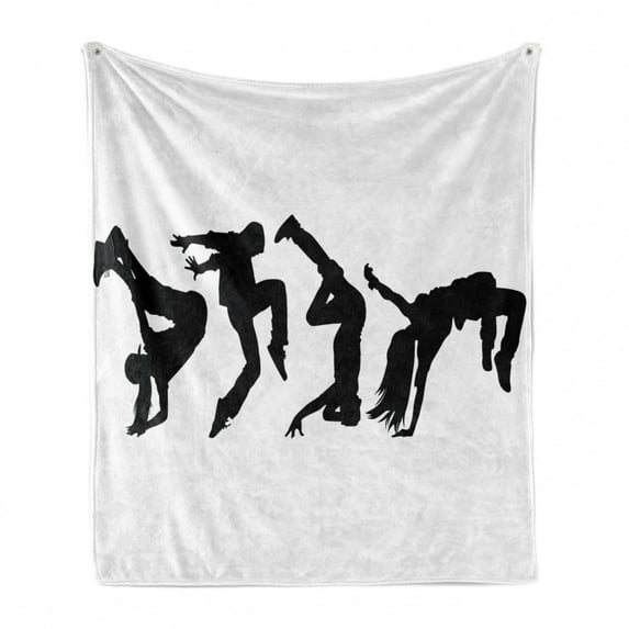 Hip Hop Soft Flannel Fleece Throw Blanket, Breakdancer Women Silhouettes Doing Hand Glide up and Floor Rocking Moves, Cozy Plush for Indoor and Outdoor Use, 60" x 80", Black and White, by Ambesonne