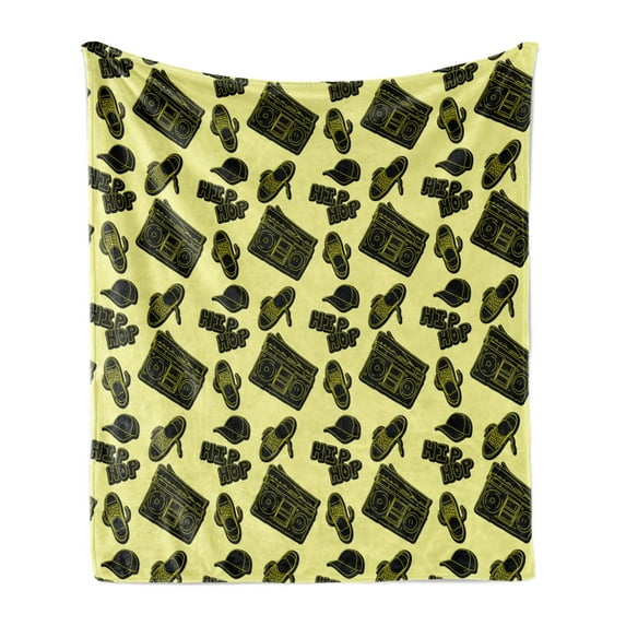 Hip Hop Soft Flannel Fleece Throw Blanket, Subculture Themed Print with Boombox Sneaker and Hip Hop Font, Cozy Plush for Indoor and Outdoor Use, 60" x 80", Pale Yellow Yellow, by Ambesonne