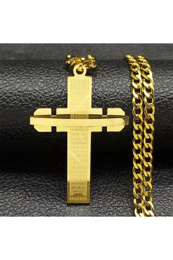 Hip Hop Spanish Lord's Prayer Cross Necklace for Women Men 14K Yellow Gold Bible Verse Chain collar hombre