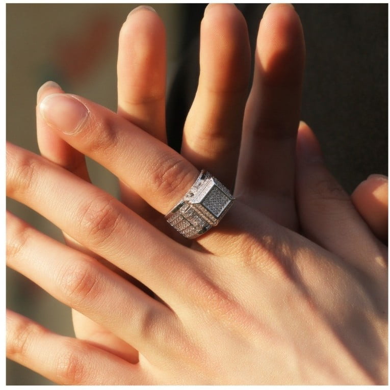 Hip Hop Square Full Zircon Luxury 14K Yellow Gold Rings for Men