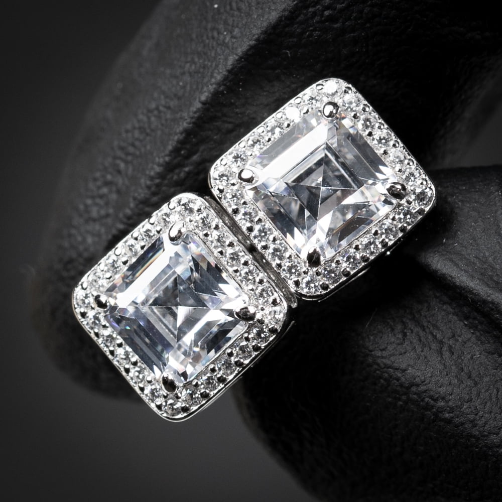 Hip Hop Square White Gold Plated 925 Sterling Silver Unisex Hypoallergenic Asscher Cut 5A Cz Stone 9mm Iced Baguette Stud Screw Back Post Earrings Jewelry Gifts For Men Women