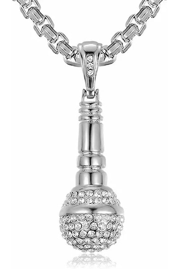 Hip Hop Stainless Steel Cubic Zirconia Microphone Pendant Necklace for Men Women Dainty Microphone Pendant Music Necklace Music Lover Pendant Jewelry Gifts[c408]