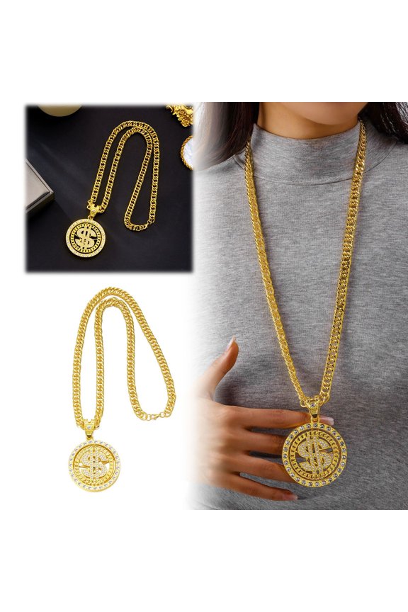 Hop Street Dollar Gold Necklace, Turntable Rotating Dollar Pendant, Alloy, Gold, Chain80cm Pendant9x6cm, Rapper Chain