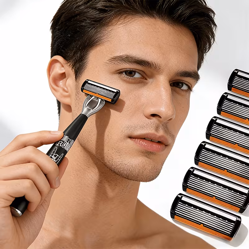 Hip-Hop Style Manual Razor for Men, Orange White with 6-Layer Sharp Stainless Steel Blades, 12 Replacement Cartridges
