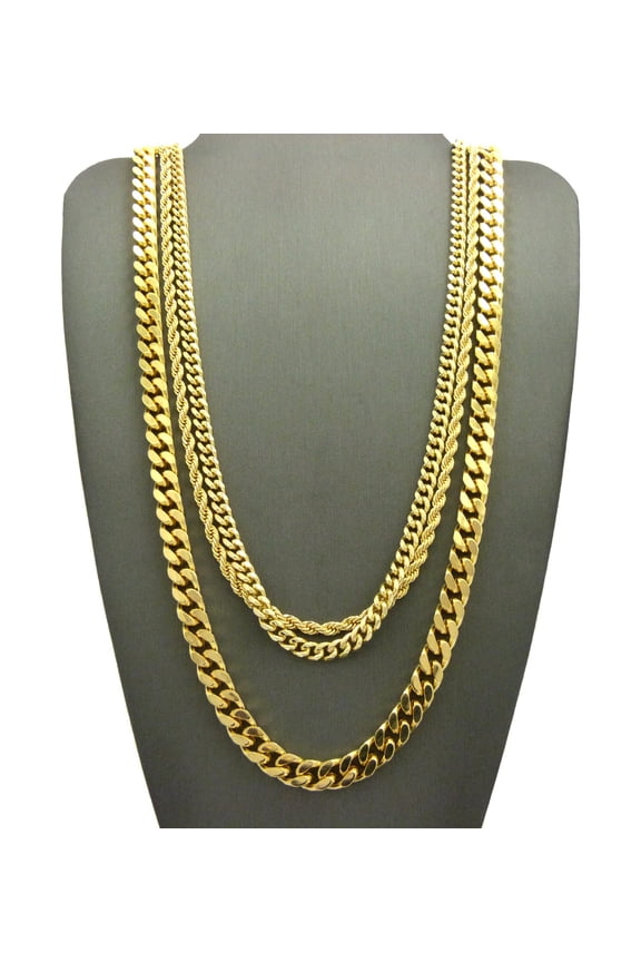 Hip-Hop Style Rope Chain, Cuban Chain & Box Cuban Chain Necklace Set, Gold-Tone