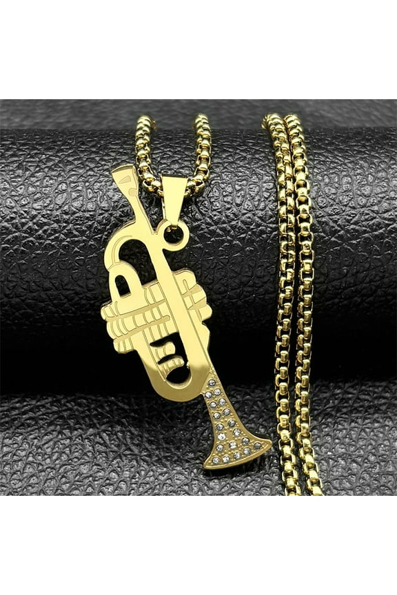 Hip Hop Trumpet Pendant Necklace 14K Yellow Gold Instrument Shape Necklaces Long Chain Chokers Women Men Rock Band Jewelry Gifts
