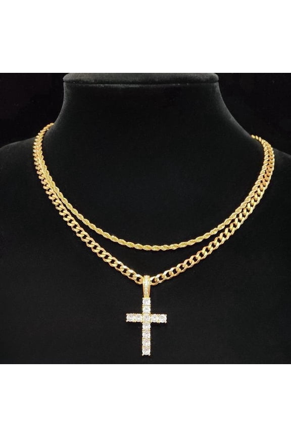 Hip Hop Twist Chain Necklace & Rhinestone Cross Pendant | Stainless Steel Matching Jewelry Set | Best Friend Birthday Gift | Back to School Accessories | Streetwear Fall Outfits for Men & Women