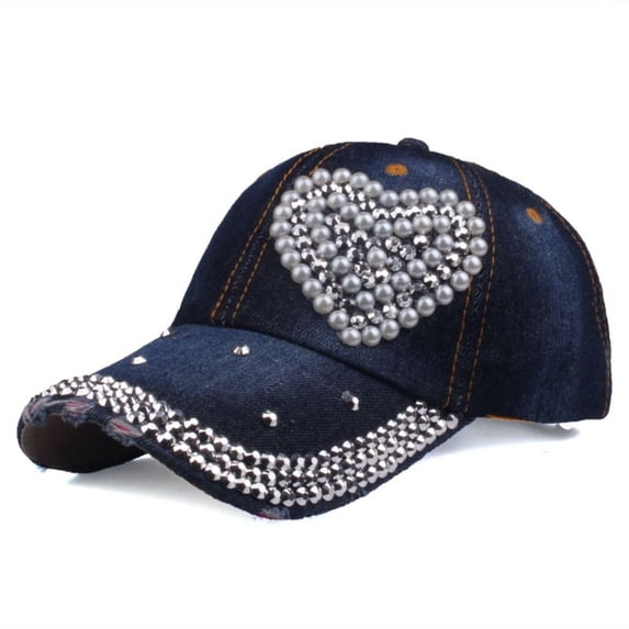Hip Hop Women Man Sunshade Pearl Rhinestones Studded Baseball Caps Snapback Hat Peaked Cap Ponytail Baseball Cap DARK BLUE
