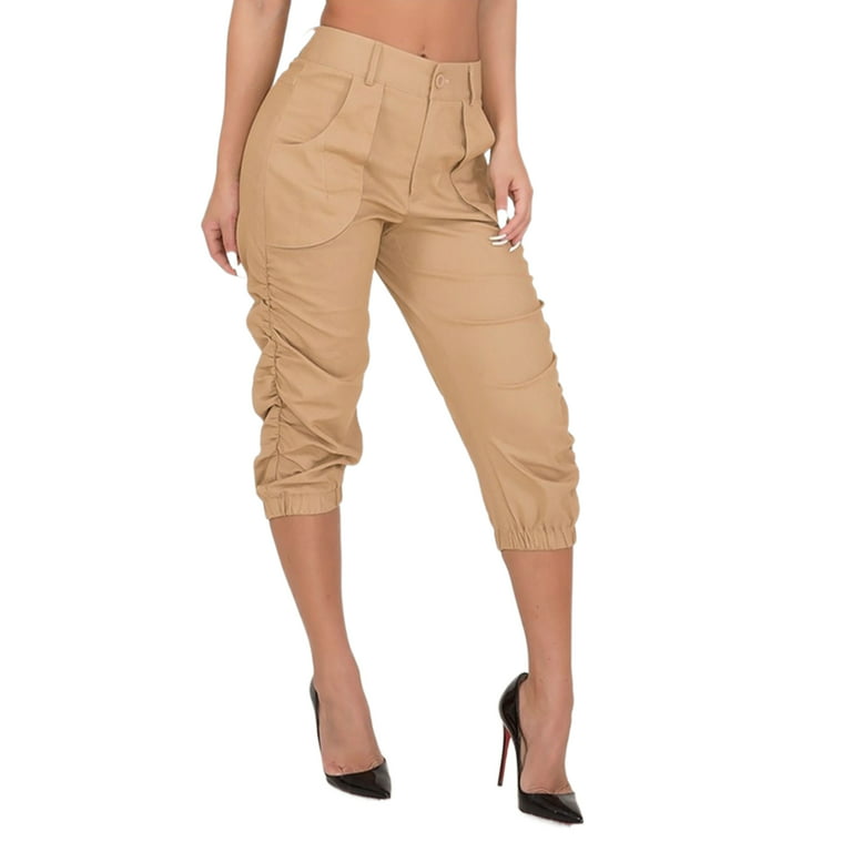 Hip Hop Women's Casual Draped Pants High Waist Pockets 3/4 Cargo Jogger  Slim Military Trousers