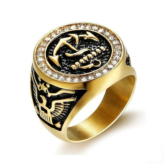 Hip Hop Zircon CZ Pave US Navy Anchor Ring Chunky 14K Yellow Gold Round Rings for Men Jewelry