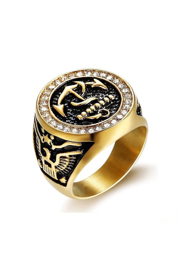 Hip Hop Zircon CZ Pave US Navy Anchor Ring Chunky 14K Yellow Gold Round Rings for Men Jewelry