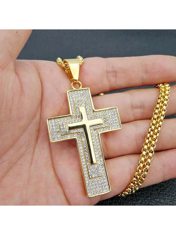14K Gold Filled Sparkling Inlaid Cross Pendant Necklace for Men, Edgy Punk Rock Rap Street Style Statement Fashion Jewelry