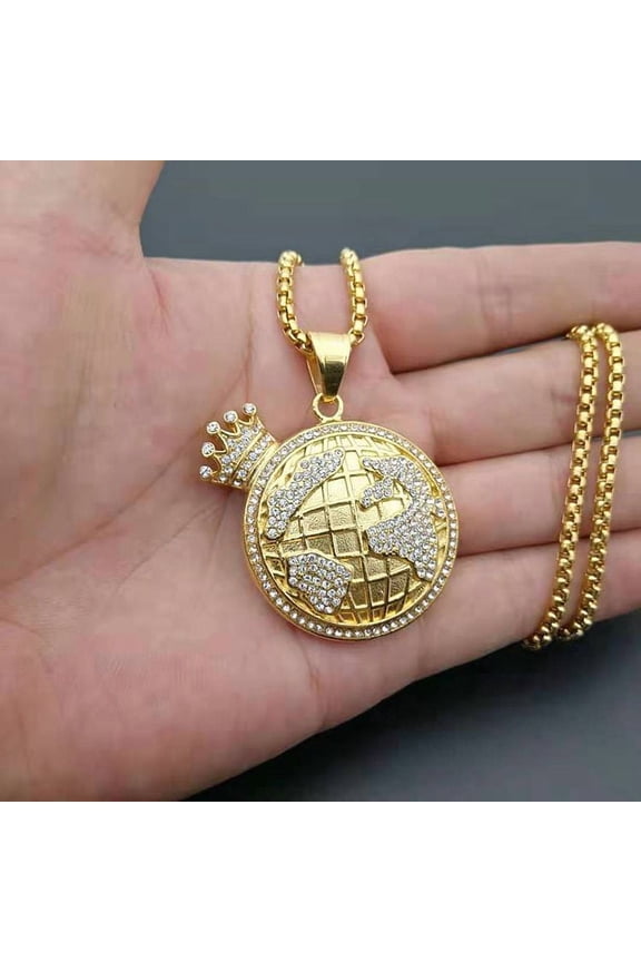 Hip Hop crown Pendant & Necklace 14K Yellow Gold with rhinestone Golden color Trendy Chain Choker Women Men World Map