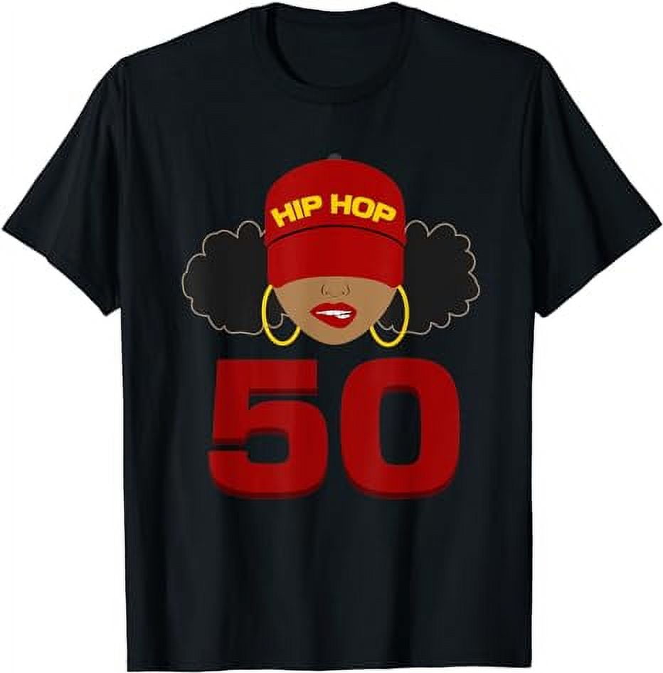 Hip Hop is 50 | 50th Anniversary Afro Puffs Black Women T-Shirt ...