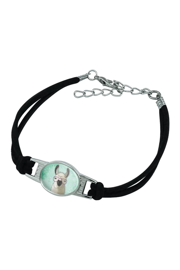 Hip Llama with Glasses Novelty Suede Leather Metal Bracelet - Black