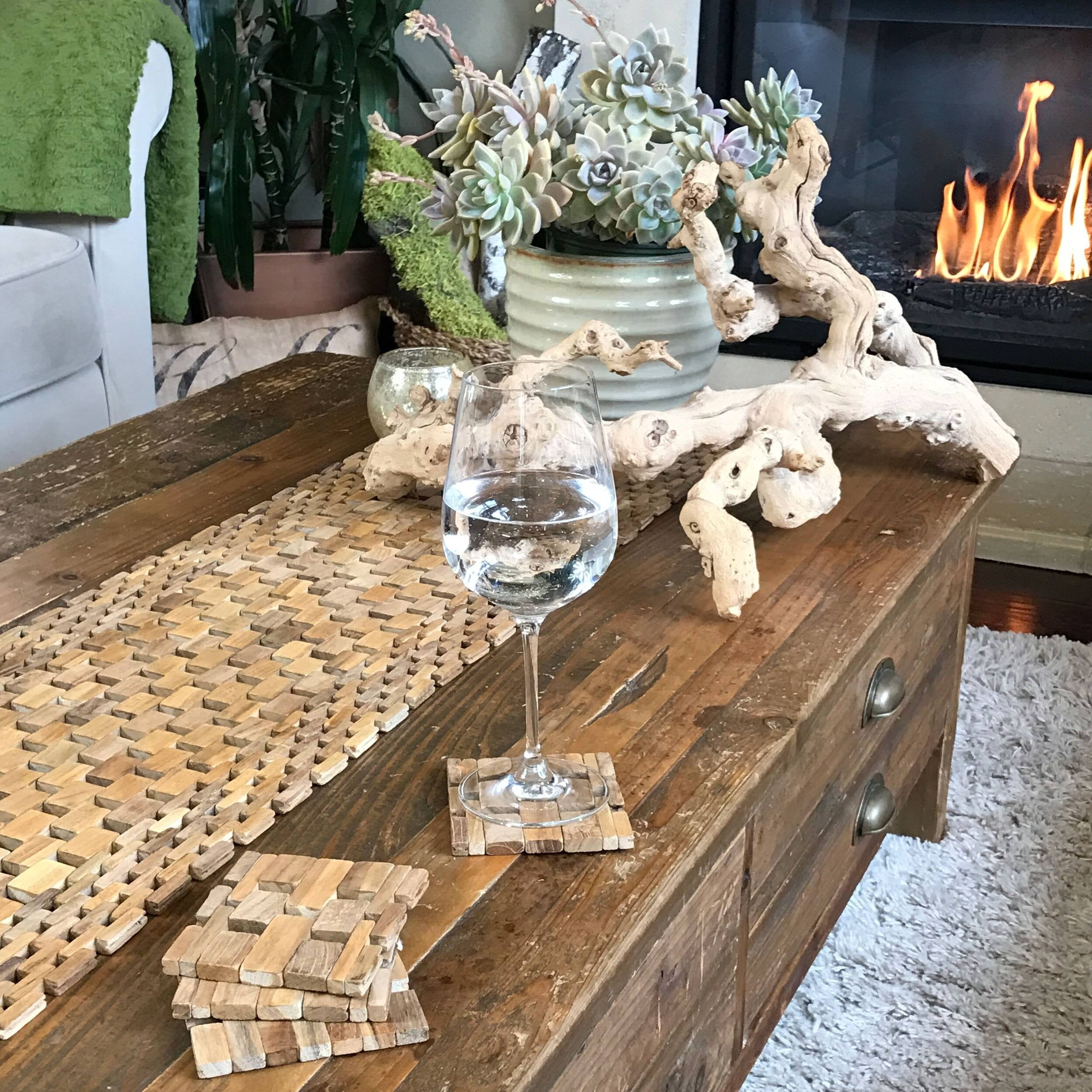Handmade Tan Teak Wood Square Coaster Set, 3.9 inches