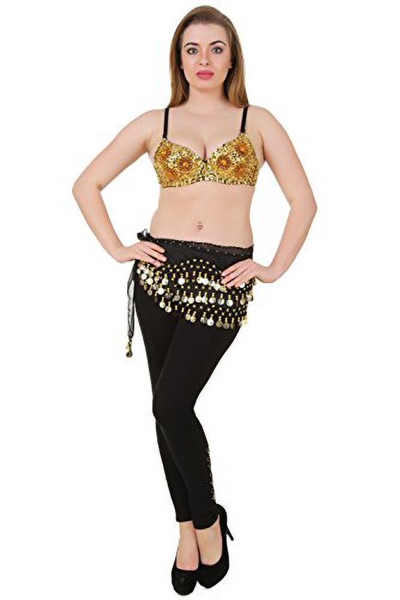 Exotic Floral Embellished Sequin Belly Dance Bra Top, Gold, S/M