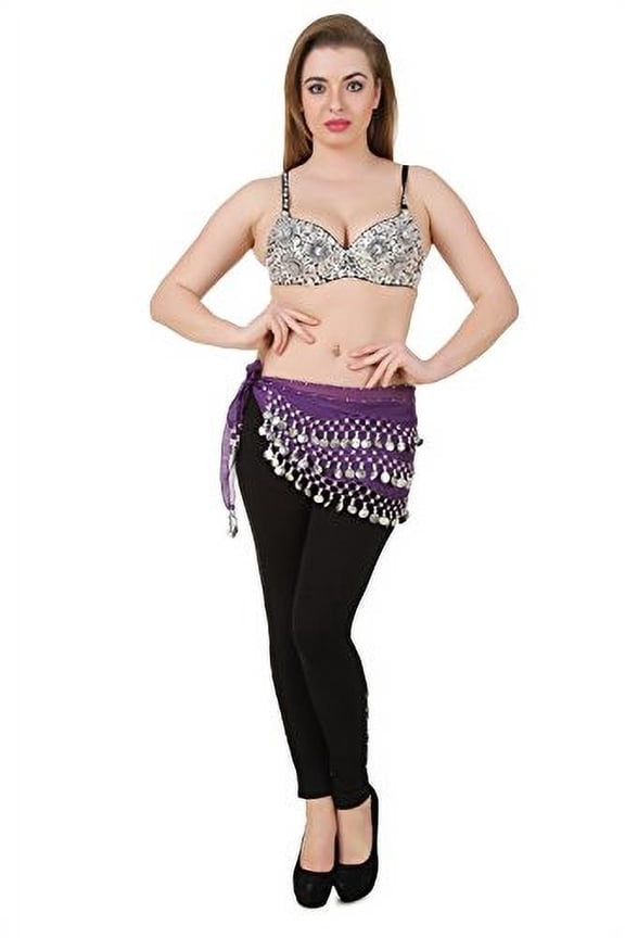 Exotic Floral Embellished Sequin Belly Dance Bra Top, Silver, M/L