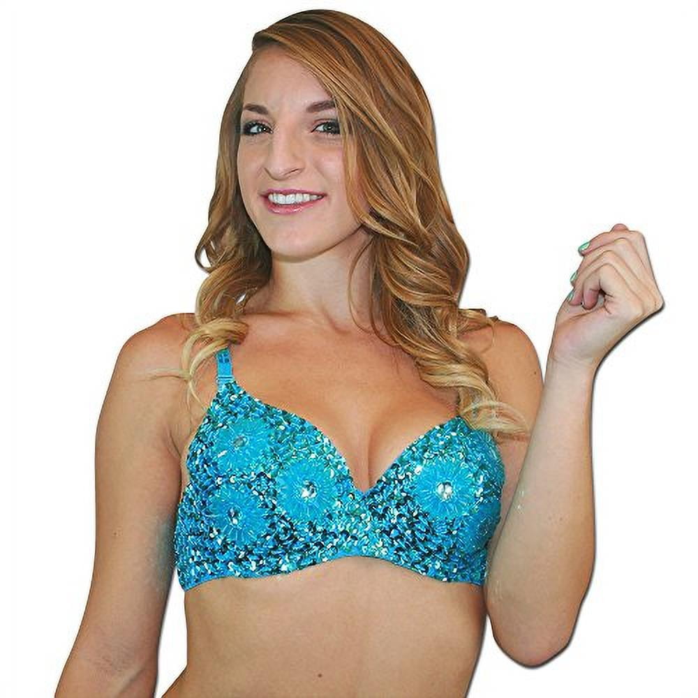 Hip Shakers Exotic Floral Embellished Sequin Belly Dance Bra Top,  Turquoise, L/XL
